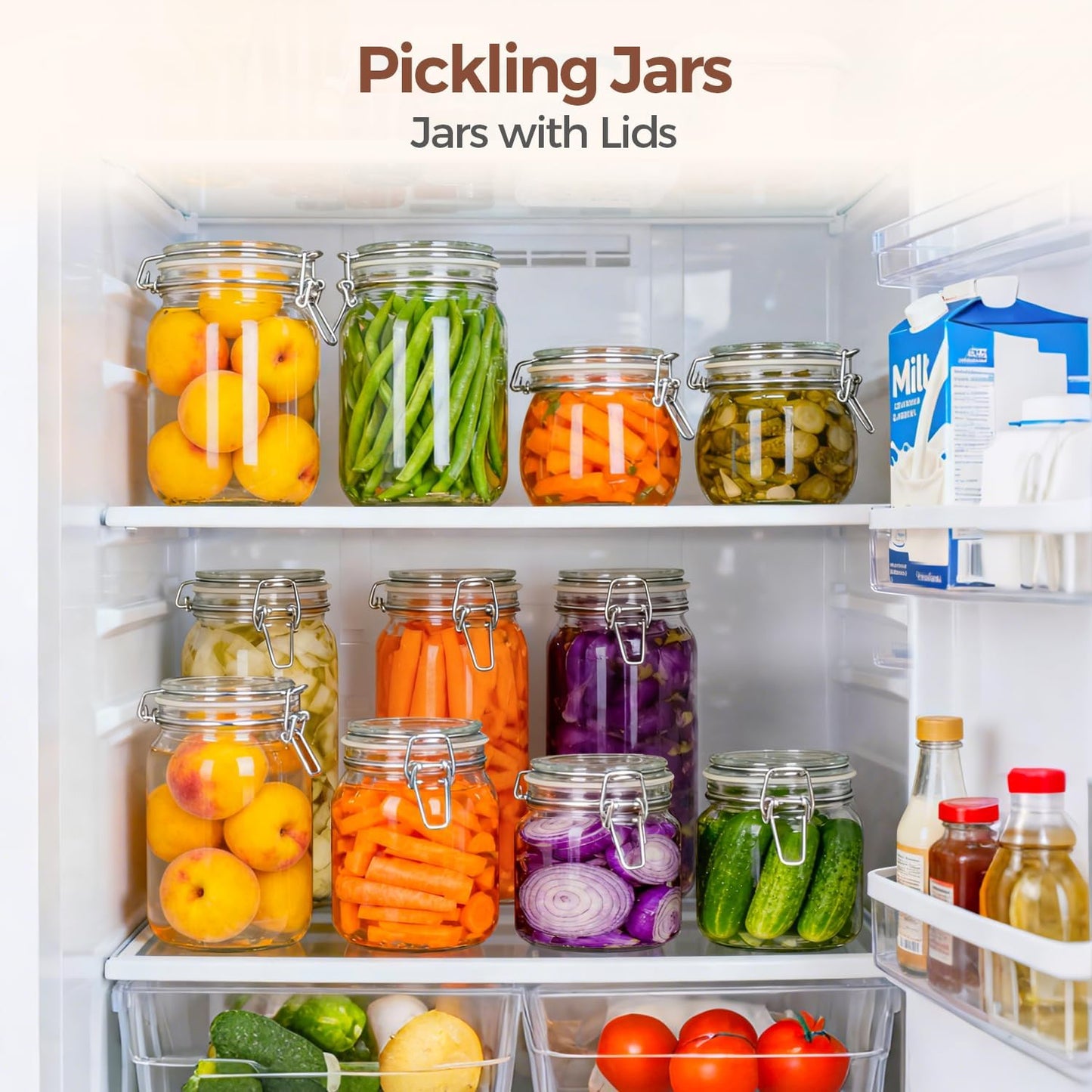 ComSaf Square Glass Pickling Jars 27 oz 6 Pack with Airtight Lids Pantry | Six matching canisters with labels, 3.3-inch wide mouth for pickles, sugar, dry herbs, coffee, tea, snacks and jam storage