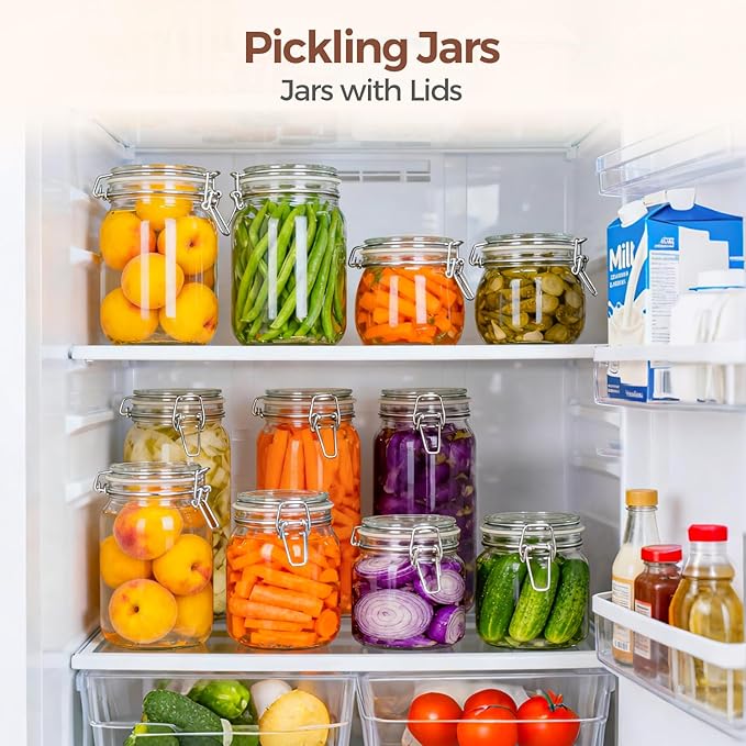 ComSaf 27oz Airtight Glass Canisters with Lids Set of 6, Square Food Storage Jar Container with Clamp Lids for Kitchen Canning Cereal Coffee Pasta Sugar Beans Spice, Clear Mason Jars with 12 Labels