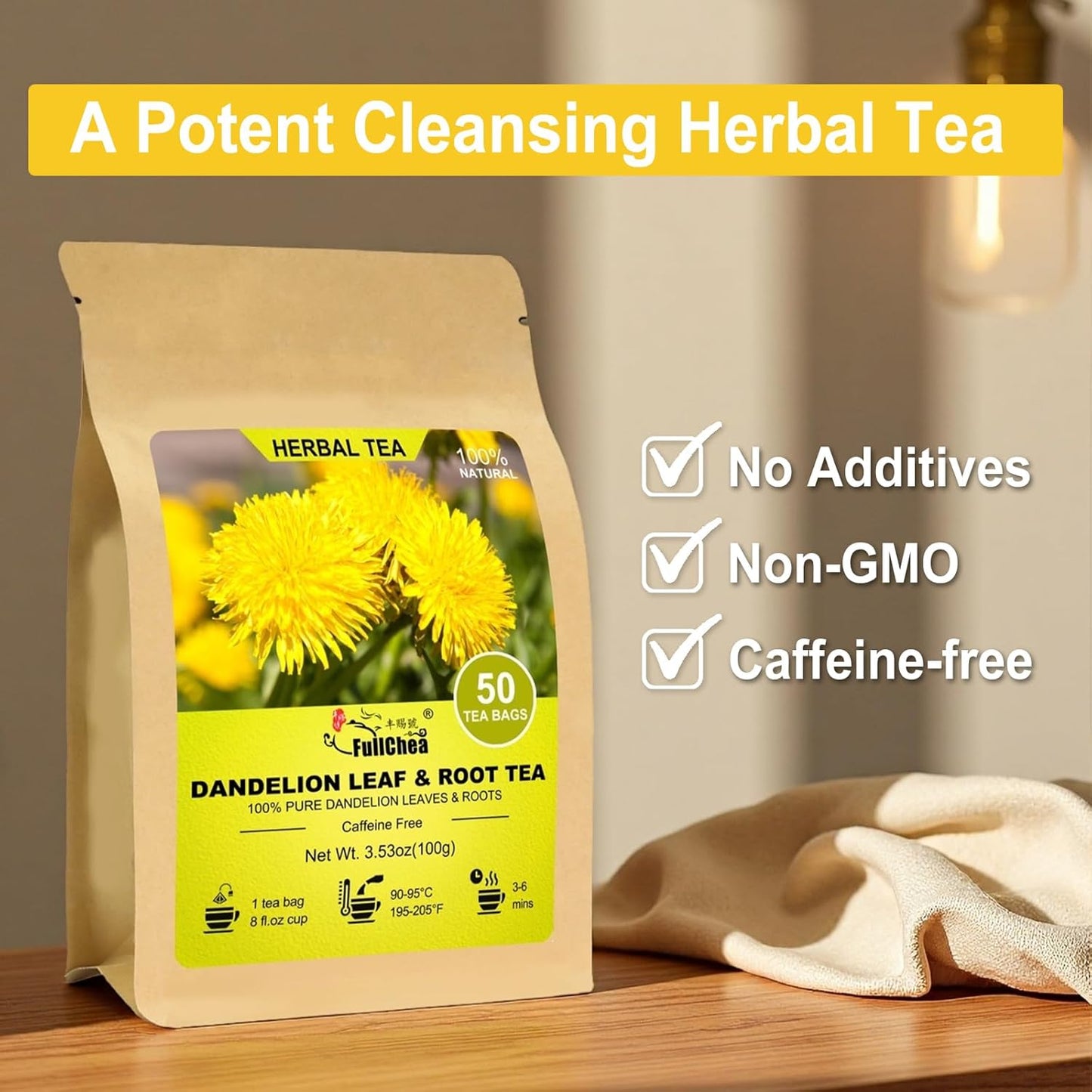 FullChea - Dandelion Leaf &amp; Root Tea Bags, 50 Count, Dandelion Herbal Tea | Balanced herbal blend tea for liver &amp; kidney health, Non-GMO and caffeine-free