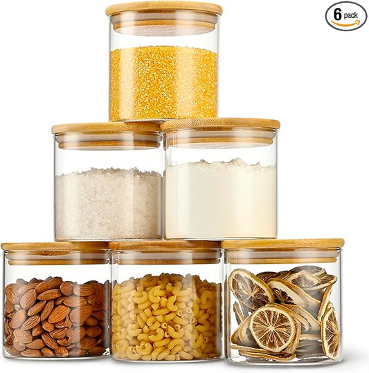 22oz Straight cylindrical Airtight Storage Jars with Bamboo Lid Set of 6 Storage Container Stackable Spice Jar, Kitchen Canister for Sugar, Tea