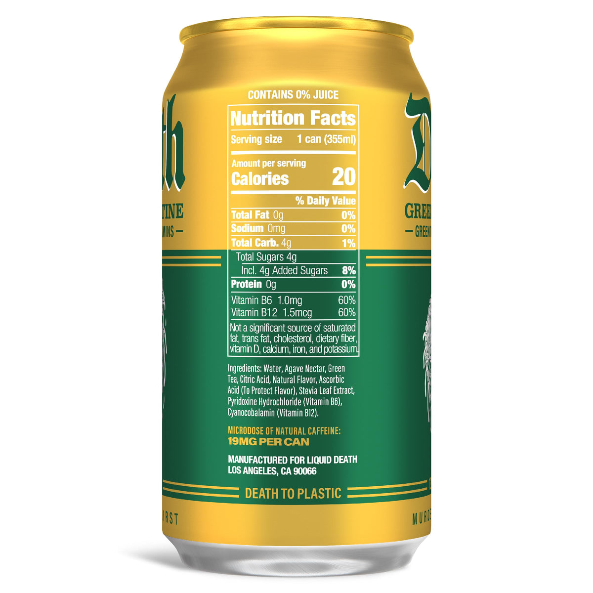 Liquid Death Iced Tea - Green Guillotine (Green Tea), Less Sugar*, Boost of Caffeine, B Vitamins, No Artificial Sweetene