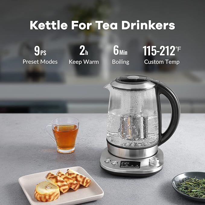 Mecity Electric Tea Kettle with Removable Infuser, 9 Preset Brewing Programs, Temperature Control, 2 Hours Keep Warm, Borosilicate Glass, 1.7 Liter