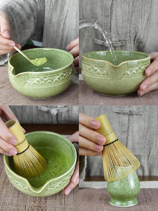 Artcome Matcha Tea Set with Pouring Spout - Green Ceramic Matcha Bowl, Bamboo Whisk, Whisk Holder