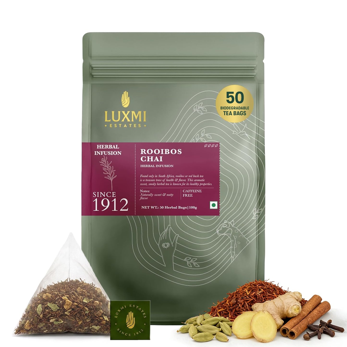 Luxmi Estates Rooibos Chai Herbal Tea, 50 Biodegradable Tea Bags (100g, 3.53oz, 50 Cups) | South African Rooibos with Indian Chai Spices - Cardamom, Cinnamon, Ginger &amp; Cloves | Chai Bulk Pack, Caffeine Free, Vegan