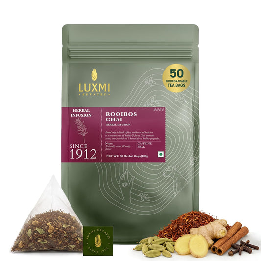 Luxmi Estates Rooibos Chai Herbal Tea, 50 Biodegradable Tea Bags (100g, 3.53oz, 50 Cups) | South African Rooibos with Indian Chai Spices - Cardamom, Cinnamon, Ginger &amp; Cloves | Chai Bulk Pack, Caffeine Free, Vegan