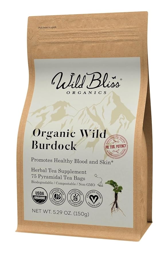 Wild Bliss Organic Burdock Root Tea - Caffeine Free Herbal Detox Support - Pharmacopoeia Quality - 7