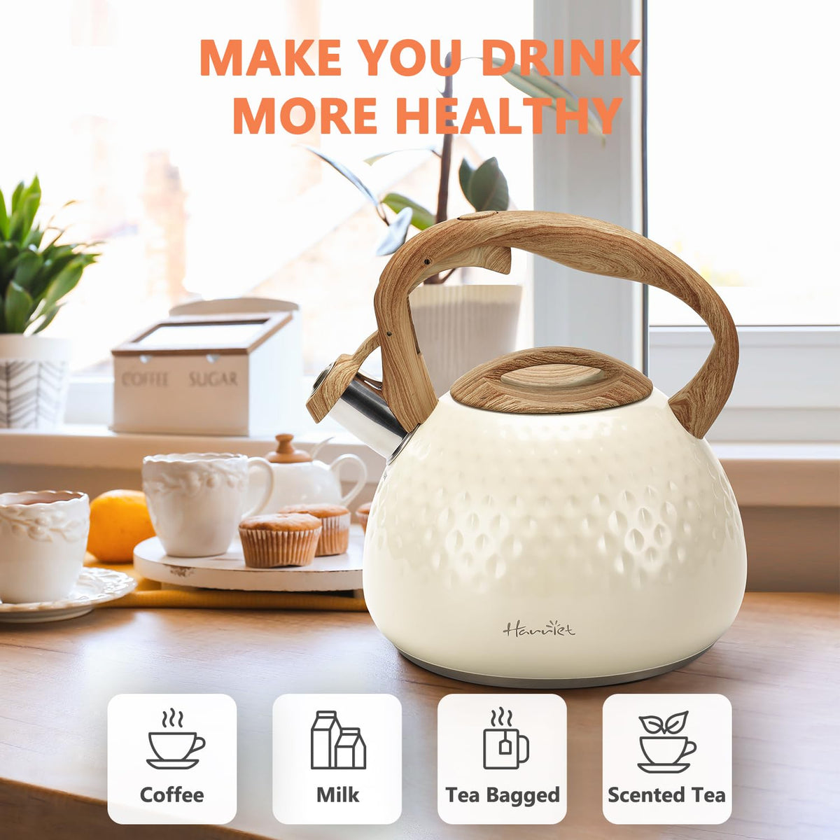 harriet Tea Kettle, Tea Pot for Stovetop, 2.5QT Whistling Kettle with 5-Layers bottom, Food Grade Stainless Steel Kettles