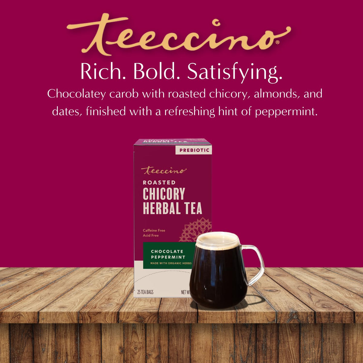 Teeccino Chocolate Peppermint Herbal Tea - Enjoy Hot or Iced Tea with Cooling Peppermint, Cocoa & Chicory, Prebiotic