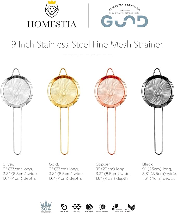 Homestia Fine Mesh Strainer for Kitchen, 304 Stainless Steel Cocktail Sieve Sifters for Food, Liquid Strainer Cup for Food, Drinks, Tea, Rice, Oil, Coffee, Juice, Flour, Fruits, Vegetables (Rose Gold)