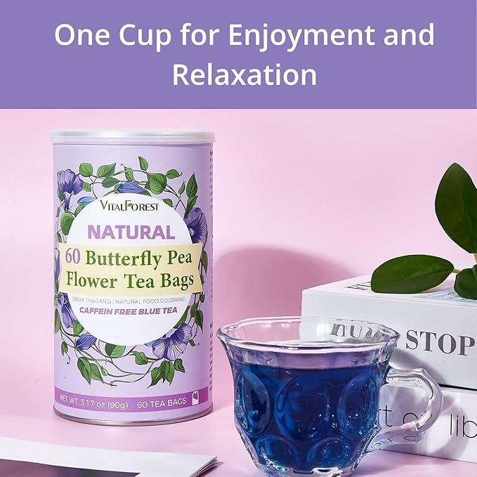 60 Dried Butterfly Pea Flower Tea Bags, VitalForest Butterfly Blue Pea Flower Tea, Premium Caffeine Free, Non-GMO, for Cooking, Iced Tea, Coolers