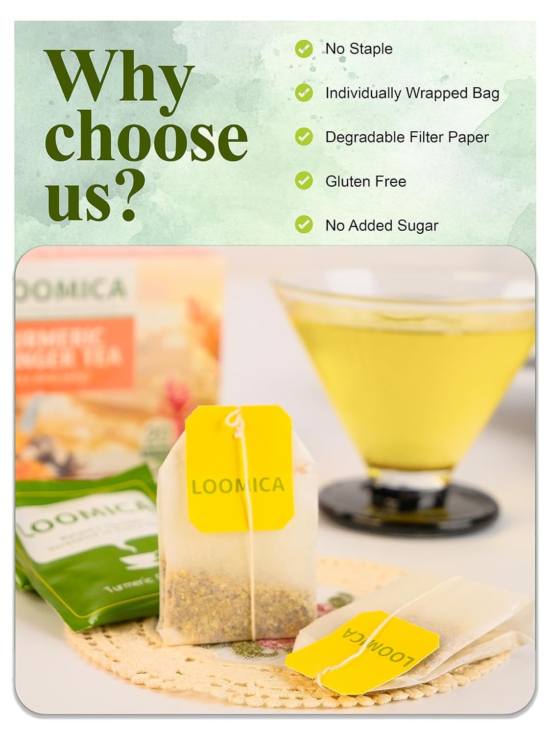 LOOMICA Turmeric Ginger Tea Bags, Caffeine Free, 100% Natural Warm &amp; Spicy Herbal Blend with Zesty Turmeric and Ginger for Comfort, Individually Wrapped Bags, 20 Counts (Pack of 2)