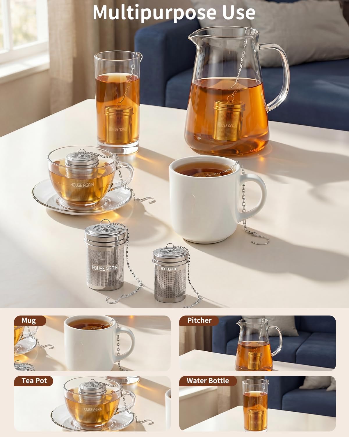 HOUSE AGAIN Large Tea Infuser, Extra Fine Mesh Tea Strainers for Loose Tea, 18/8 Stainless Steel Tea Strainer with Extended Chain Hook, Tea Steeper for Brew Tea, Spices &amp; Seasonings for Multi Cups