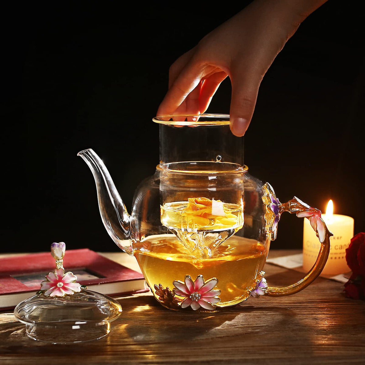 Luka Tech 35OZ Enamel Glass Flower Teapot Gifts For Women