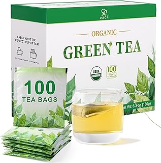 Soeos Organic Green Tea, 6.3 oz (180g), 100 Tea Bags, Refreshing and Fragrant, Sustainably Sourced, Ideal for Hot or Iced Tea, Long-Lasting Freshness