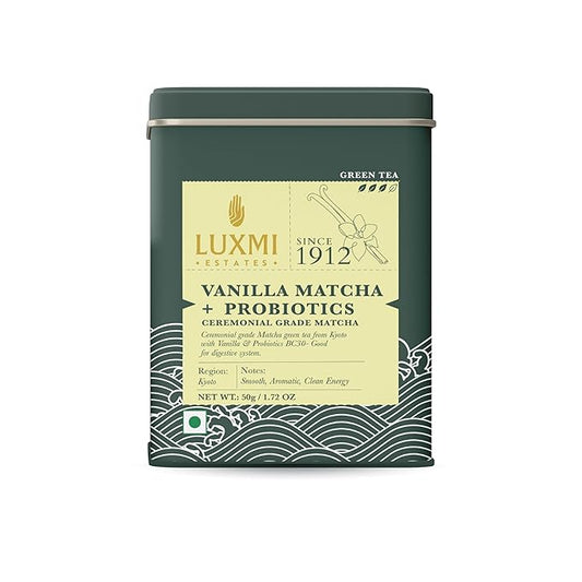 Luxmi Estates Vanilla Matcha with Priobiotics (50 g) Organic Matcha Tea, Rich in Antioxidants, Tea for Relaxing