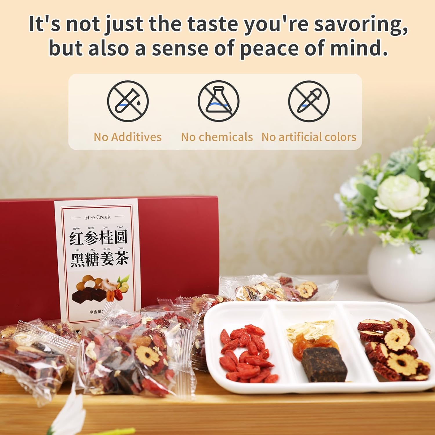 Hee Creek Longan Red Date Ginger Sugar Tea 10.23oz (25 Bags) Ancient Method Handmade Red Ginseng Brown Sugar Ginger Tea for Women Qi and Blood Tonic, Caffeine Free 红参 桂圆红枣姜糖茶 黑糖姜茶 红糖姜枣茶