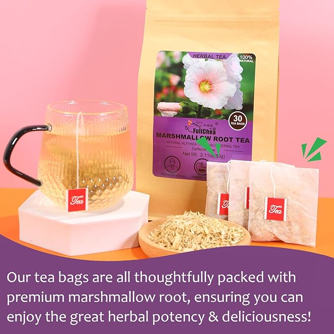FullChea - Marshmallow Root Tea, 2g X 30 Count - Premium Natural Dried Cut & Sifted Althaea Officinalis - Non-GMO - Caffeine-free & Promote Digestion