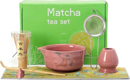 Matcha Set - Japanese Matcha Kit Set 7-Pcs: Ceramic Bowl (Chawan), Matcha Whisk and Holder, Bamboo Scoop, Scoop Rest, Sifter and Towel