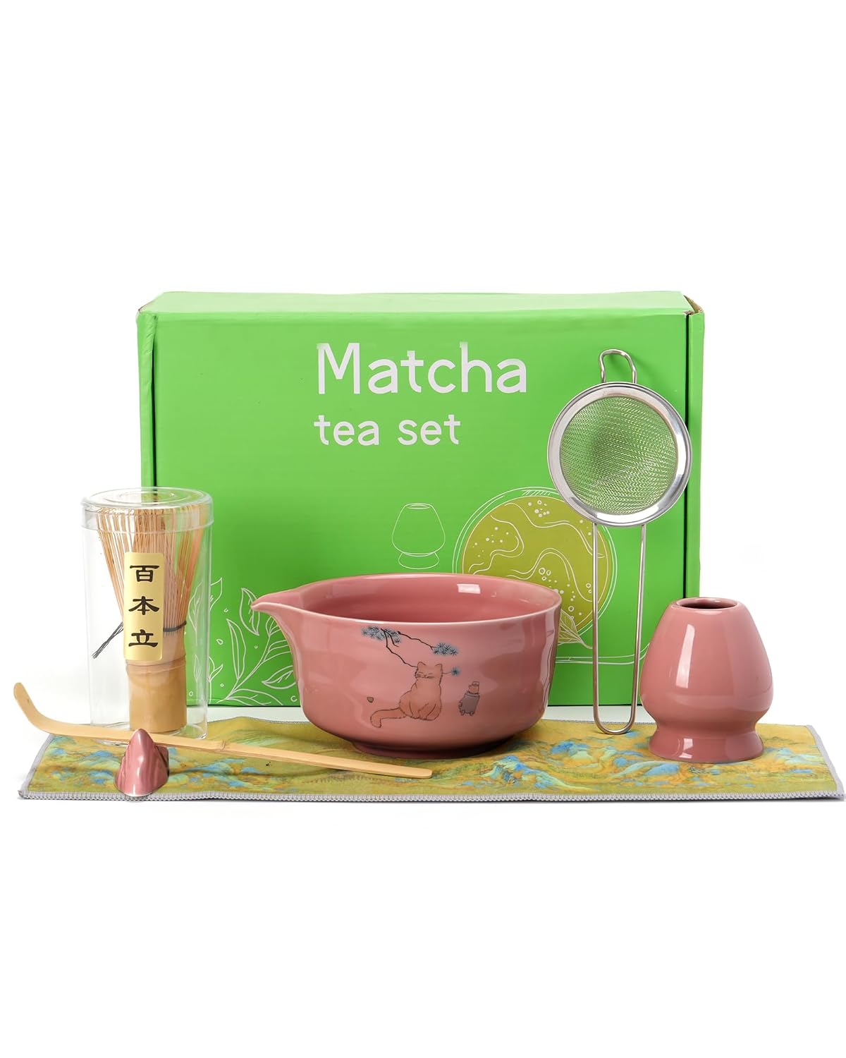 Matcha Set - Japanese Matcha Kit Set 7-Pcs: Ceramic Bowl (Chawan), Matcha Whisk and Holder, Bamboo Scoop, Scoop Rest, Sifter and Towel