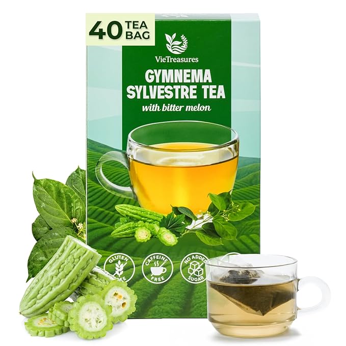 VieTreasures Gymnema Leaf Tea - 2.8oz (40 Tea Bags) | With Bittermelon, Stevia | Non GMO, Caffeine-Free, Antioxidant, Vegan, Keto-Friendly Organic Herbal Infusion Tea | Energy Boost & Health Support