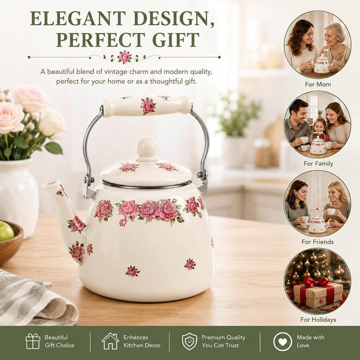 112 oz Floral Tea Kettle Pot for Stove Top, 3.5 QT Enamel Teapot