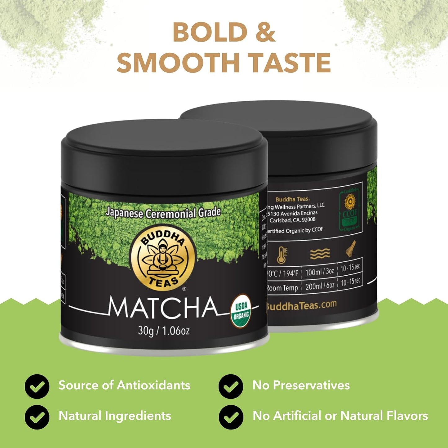 Buddha Teas - Organic Matcha Powder - Japanese Ceremonial Grade - For Health & Wellbeing - With Antioxidants & Minerals - Clean Ingredients - Caffeinated - OU Kosher - 30g Tin