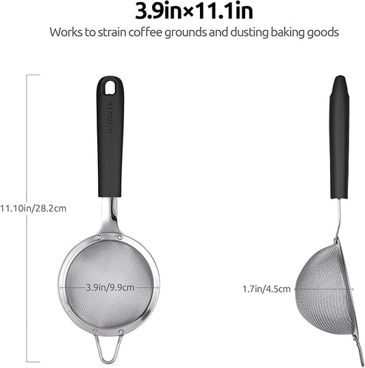 18/8 Stainless Steel Mesh Strainer: U-Taste 3.9 Inch Kitchen Fine Mesh Sieve Food Colander with Riveted Sturdy Silicone Handle and 30 Mesh Hole for Straining Flour, Quinoa, Tea, Juice (Black)