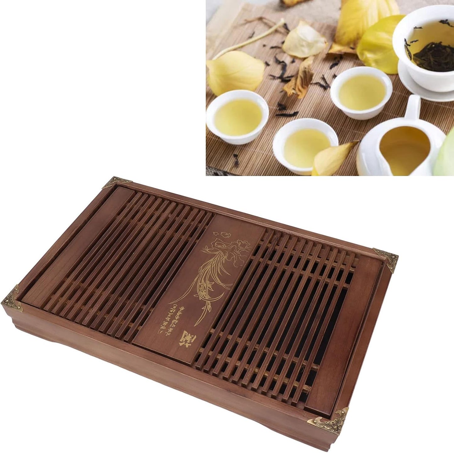 Kungfu Tea Tray Chinese Gongfu Tea Tray Drainage Water Storage Wood Tea Table with Drain Pipe (Light )