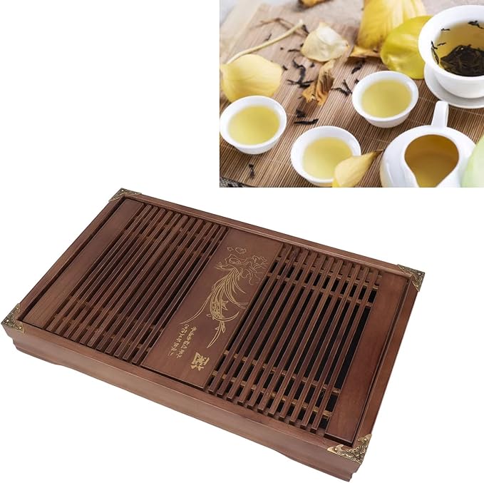 11.0X16.9in Gongfu Tea Tray, Drainage Water Storage Orchid Pattern Wooden Tea Serving Tray