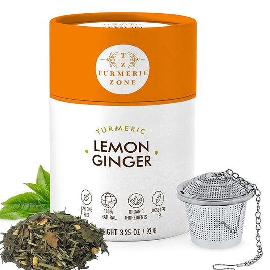 Turmeric Zone Organic Turmeric Lemon Ginger Decaf Tea with Turmeric Root, Roasted chicory root, Ginger root, Orange peel, Lemongrass, Lemon essential oil, Hibiscus flowers, Coriander seed and Cinnamon chips - 3.25 oz