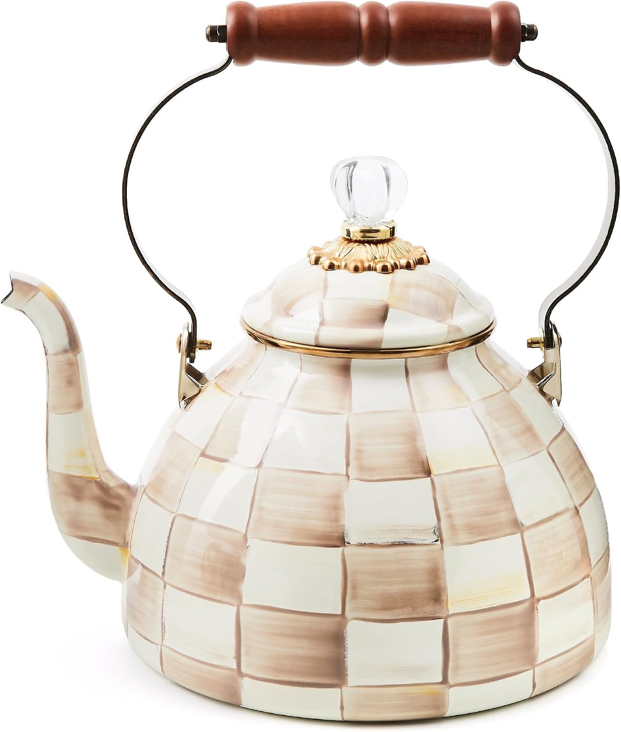 MACKENZIE-CHILDS Tea Kettle, 3 Quarts, Brown-and-White Mocha Check | Hand-painted design, made from enameled steel with a wooden handle, ideal for serving coffee, tea, and other hot beverages