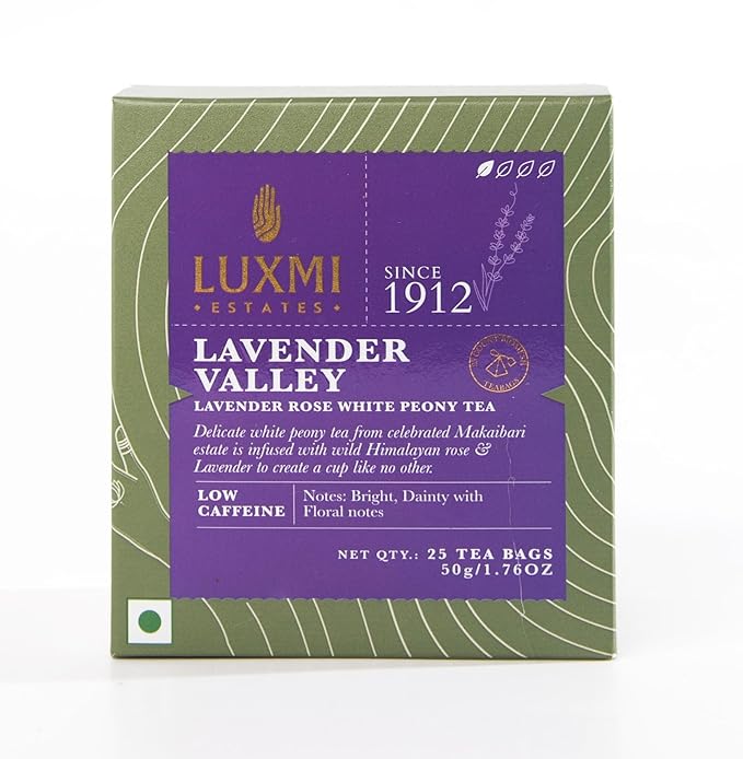 Luxmi Estates Lavender Valley Organic Lavender Tea (25 Tea Bags) Low Caffeine Tea Bags For Sleep, Relaxing, Calming, and Stress Relief
