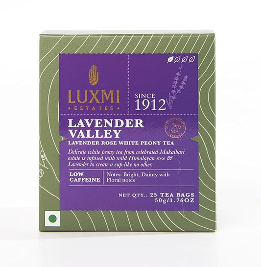 Luxmi Estates Lavender Valley Organic Lavender Tea (25 Tea Bags) Low Caffeine Tea Bags For Sleep, Relaxing, Calming, and Stress Relief