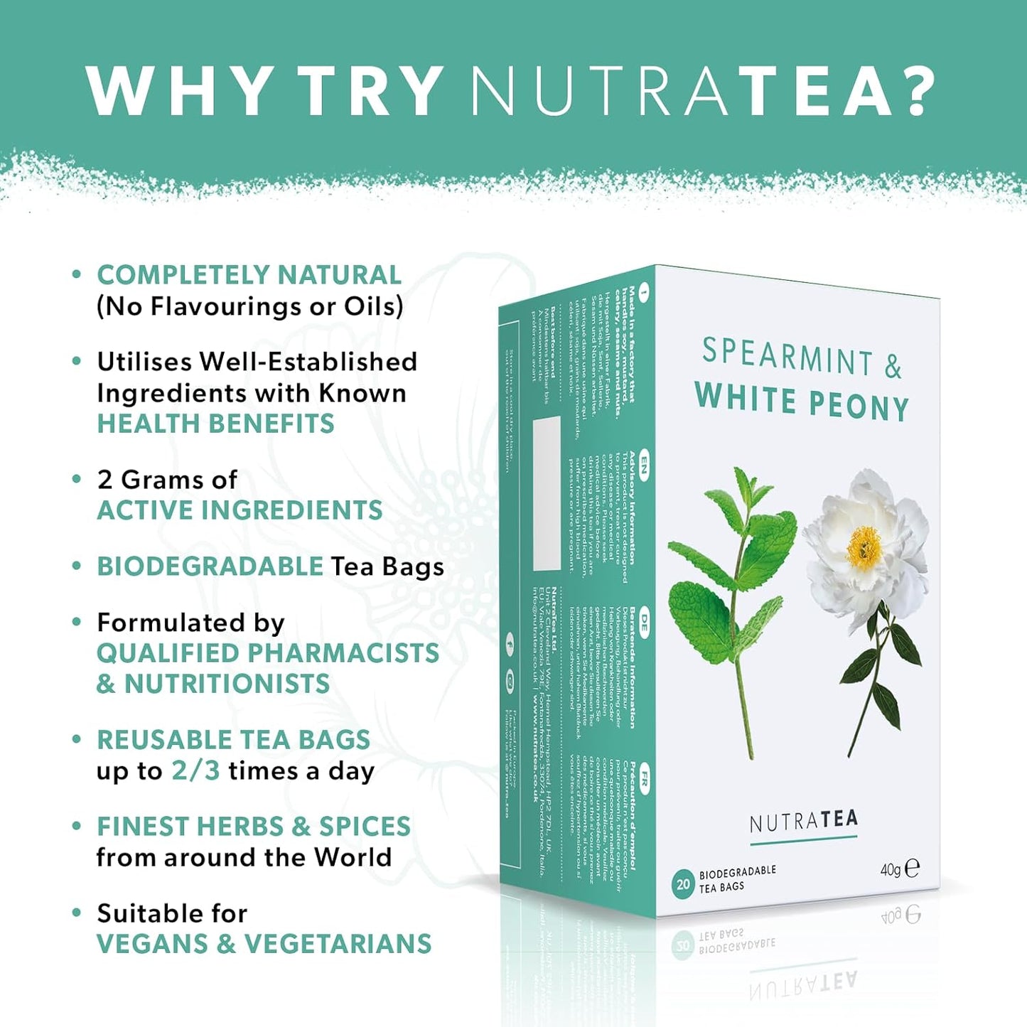 Nutra Tea - Spearmint &amp; White Peony – Spearmint Tea, PCOS Tea - For Digestion, Women's Health &amp; Acne - 20 Individually Wrapped Bags - Herbal Infusion (1 Pack)