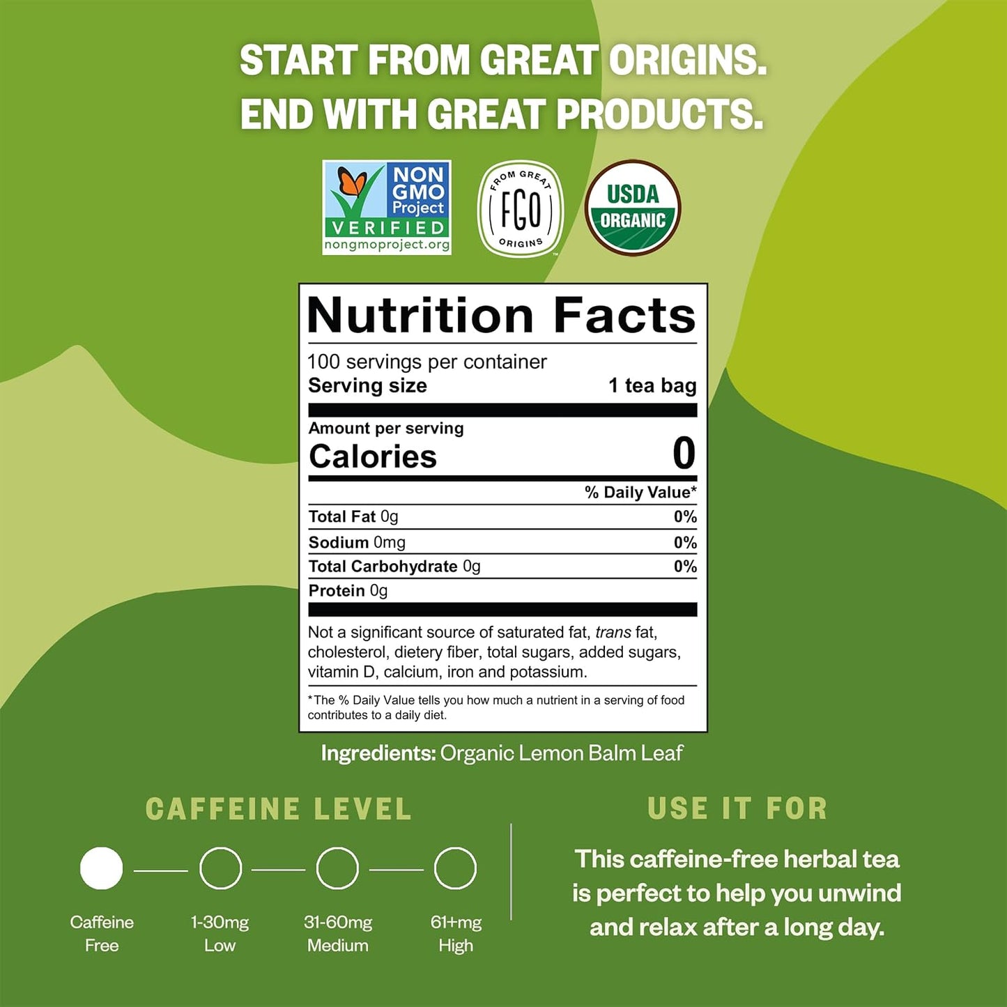 FGO Organic Lemon Balm Tea, 100 Count, Eco-Conscious Herbal Tea Bags, Resealable Bag, Caffeine Free, Packaging May Vary (Pack of 1)