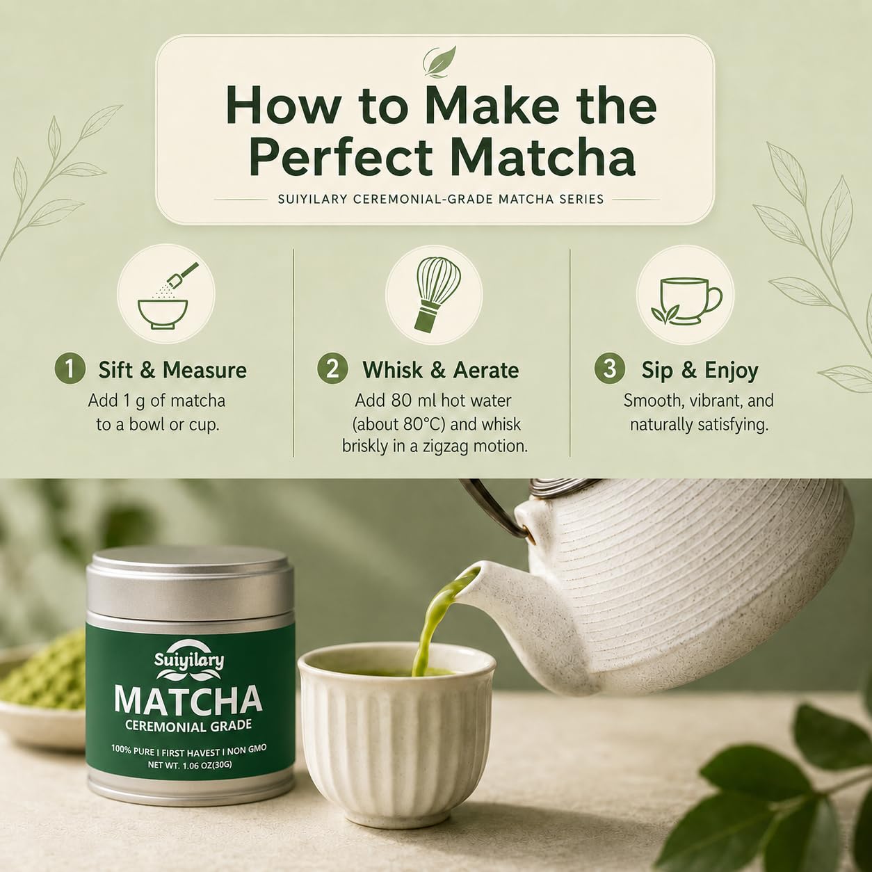 Suiyilary Ceremonial Grade Matcha Powder, Premium First Harvest Green Tea Powder – 100% Pure Matcha Tea, Vegan, Gluten-Free, Sugar-Free with No Additives (30g/1.06oz)
