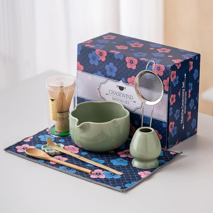 Matcha Set, 8Pcs Floral Ceramic Matcha Set with Matcha Whisk, Holder, Scoop, Scoop Rest, Sifter, Spoon and Tea Towel