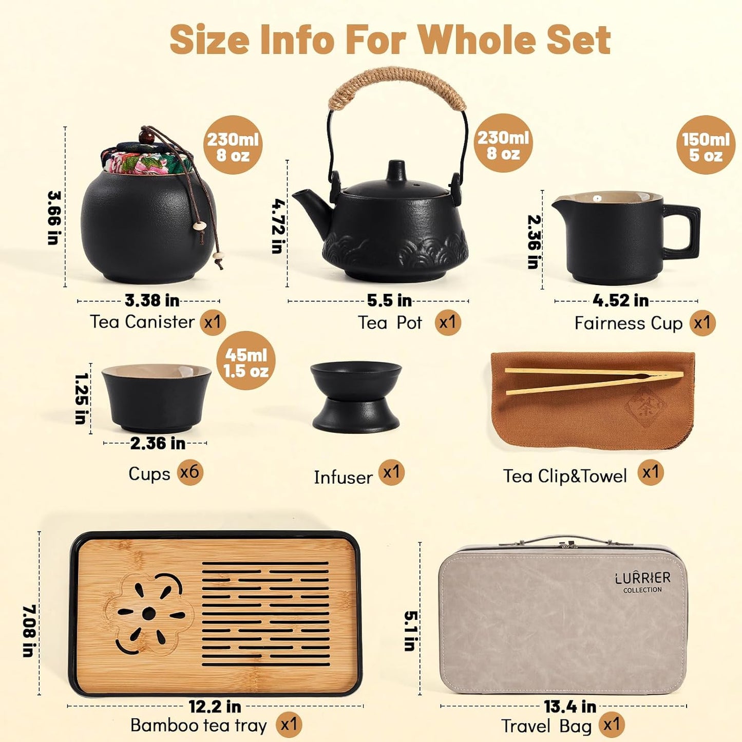 LURRIER Gongfu tea sets, Portable Ceramic TeaSet, Asian Tea sets for adult, Tea Gift sets, Grey leather case, Portable Travel Bag,Home,Gifting,Outdoor and Office(Black)