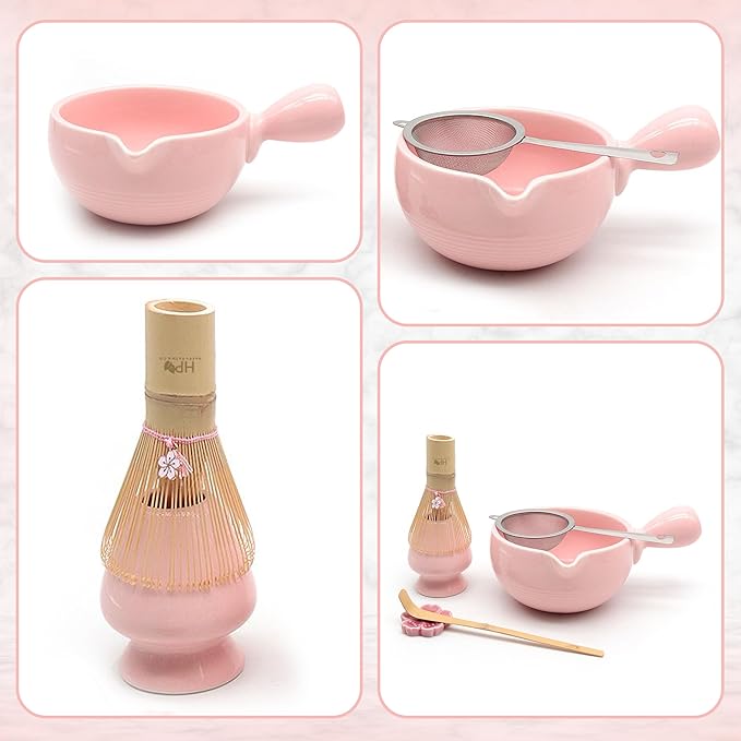 Happy Path & CO Matcha Whisk Set, 6 Pcs Matcha Tea Set Includes Bamboo Whisk(Chasen) with Holder & Bowl with Spout, Sifter, Scoop & Stand