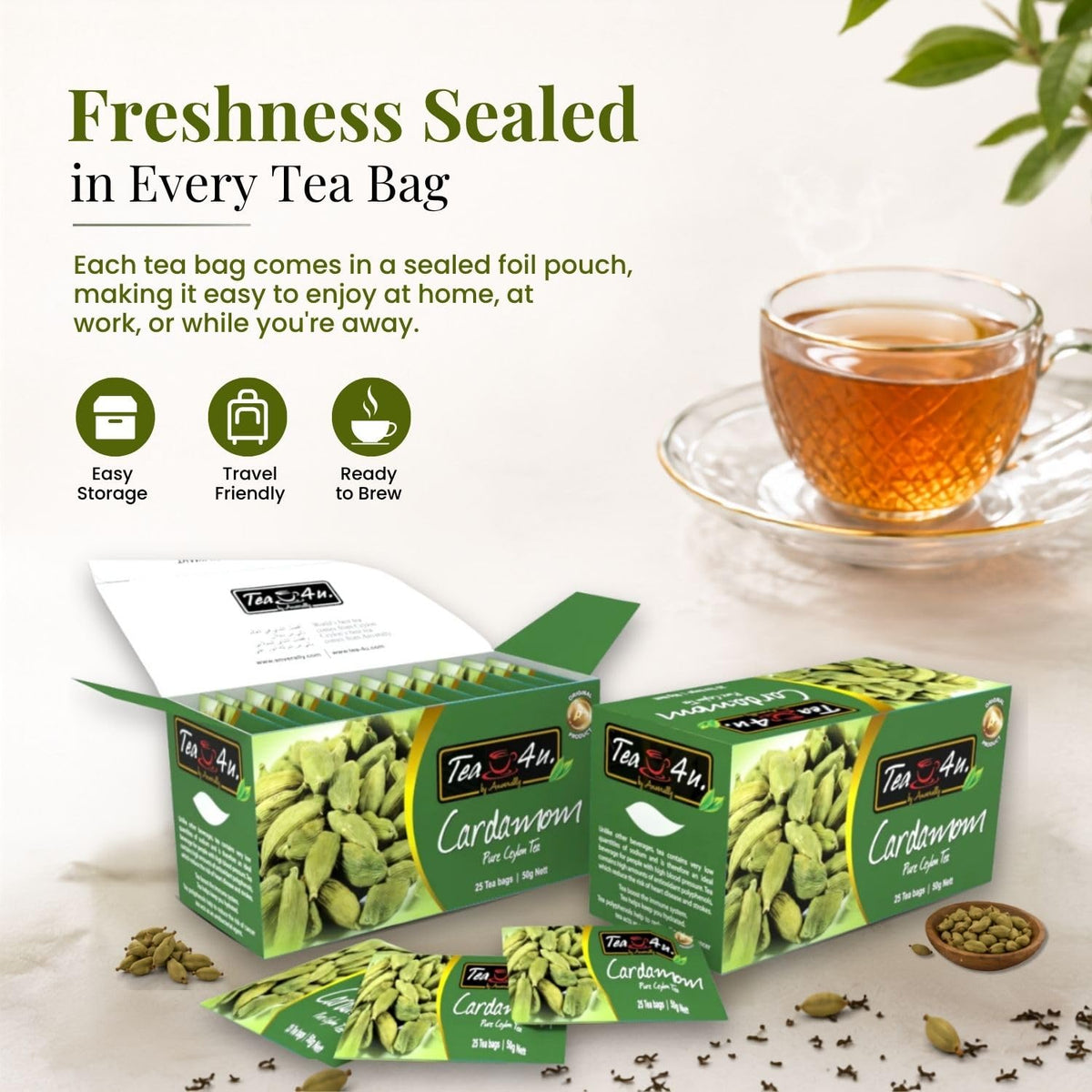 TEA 4U. BY ANVERALLY Tea4U Cardamom Black Ceylon Tea Bags - Aromatic Spice Blend - 25 Count