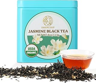 Essencesip Jasmine Black Tea - Floral Twist on Classic English Breakfast Style, 4oz Organic Loose Leaf tea in Reusable Tin