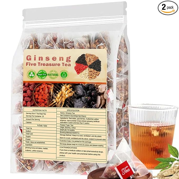 Ginseng Five Treasure Tea - Herbal Tea Formula Ginseng Five Treasure Wubao Herbal Chinese Teas for Men Women (1Pack(25Bags))