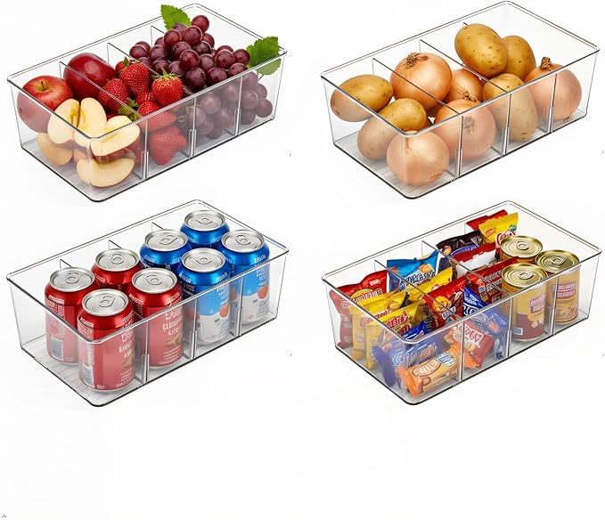 4 Pack Pantry Organizers and Storage,Snack Containers with 3 Dividers for Kitchen,Fridge,Refrigerato