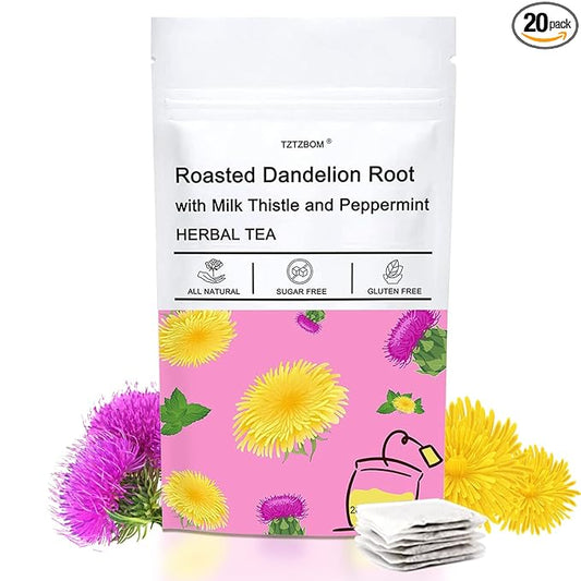 TZTZBOM Natural Roasted Dandelion Root with Milk Thistle and Peppermint, Herbal Tea for Liver Cleansing, 20 tea bags