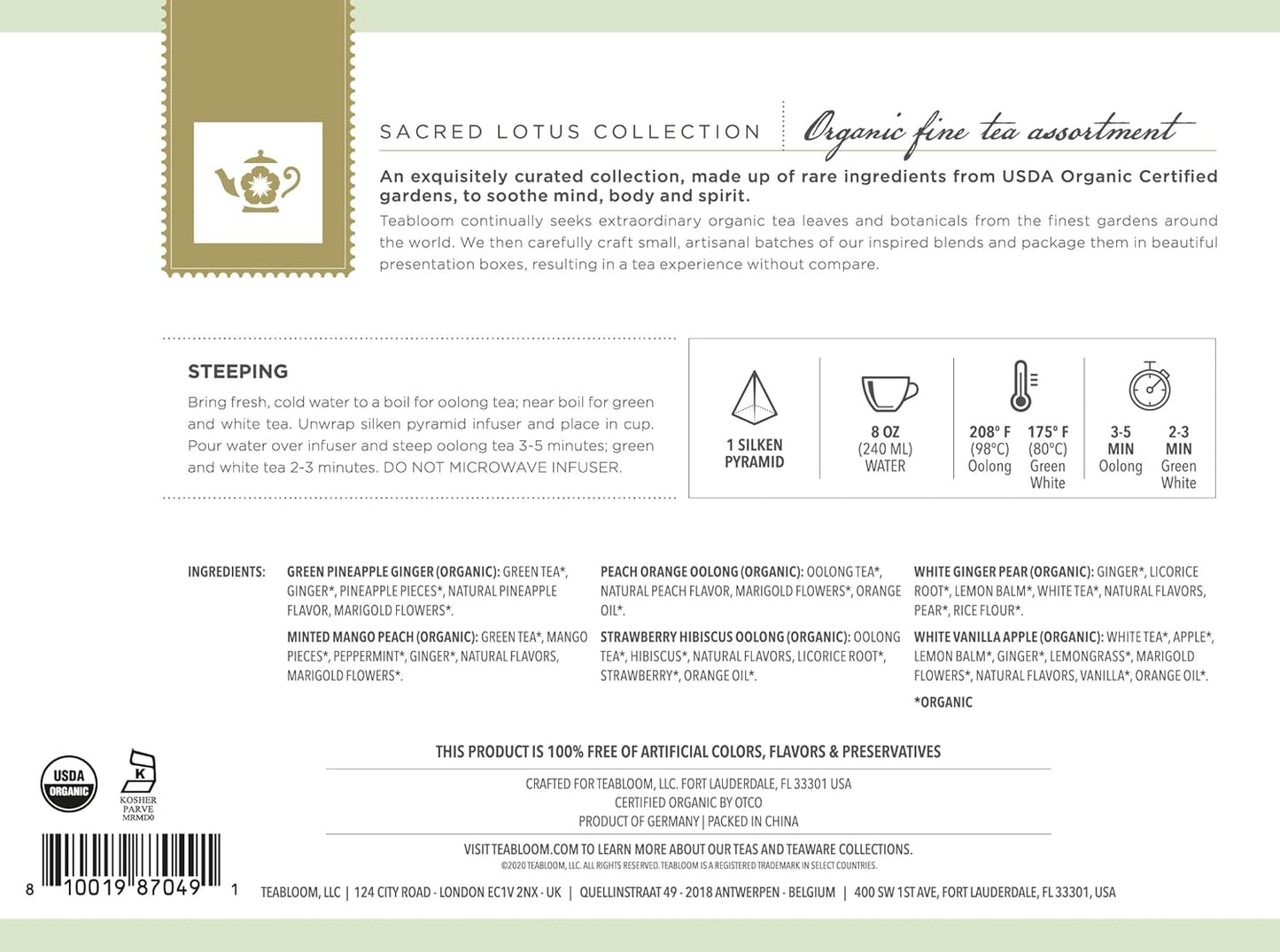 Teabloom Organic Sacred Lotus Pyramid Tea Presentation Box, 12 Assorted USDA Certified Organic Whole-Leaf Pyramid Tea Sachets, Green Tea, Oolong tea, White tea
