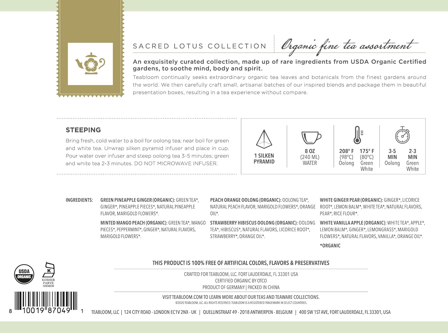 Teabloom Organic Sacred Lotus Pyramid Tea Presentation Box, 12 Assorted USDA Certified Organic Whole-Leaf Pyramid Tea Sachets, Green Tea, Oolong tea, White tea