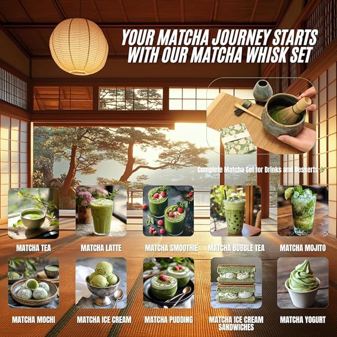 Annie & Mia Design Matcha Whisk Set (9pcs), Japanese Tea Matcha Set includes Ceramic Matcha Bowl, Bamboo Matcha Whisk (Chasen), Ceramic Whisk Holder, Bamboo Matcha Scoop (Chashaku), Blue