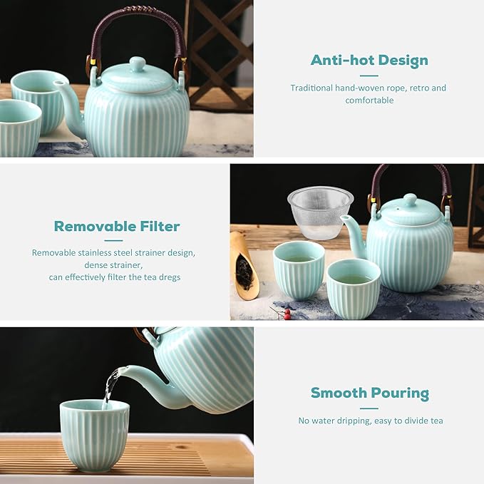 Dujust Japanese Tea Set, Cyan-blue Porcelain Tea Set with 1 Teapot Set, 6 Tea Cups, 1 Tea Tray, 1 Stainless Infuser