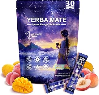 Yerba Mate Peach Mango Drink Mix - Instant Tea Powder with Natural Caffeine & Probiotics for Gut Health, Focus, Cortisol Levels, Immunity, 30 Servings Clean Energy Drink Powdered, No Crash, Sugar-Free