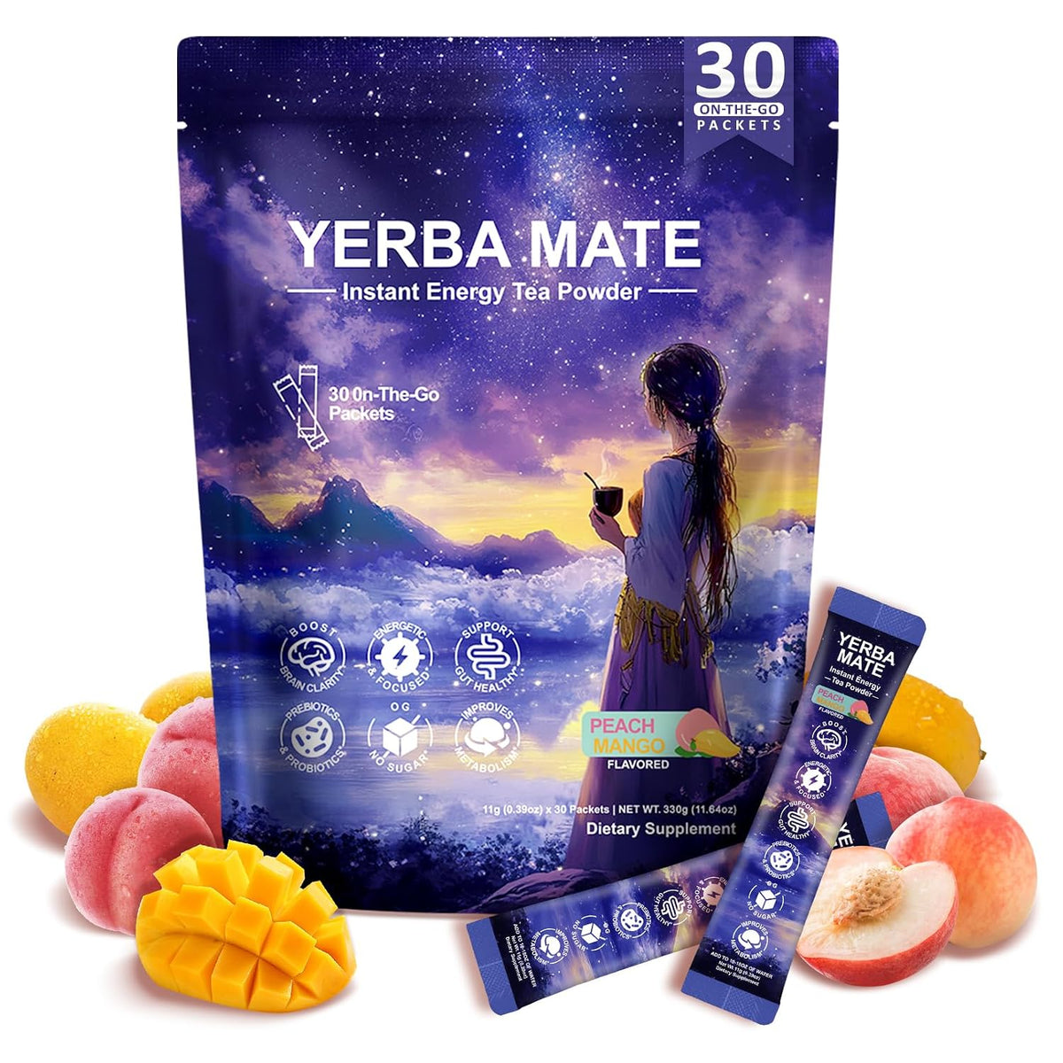 Yerba Mate Peach Mango Drink Mix - Instant Tea Powder with Natural Caffeine & Probiotics for Gut Health, Focus, Cortisol Levels, Immunity